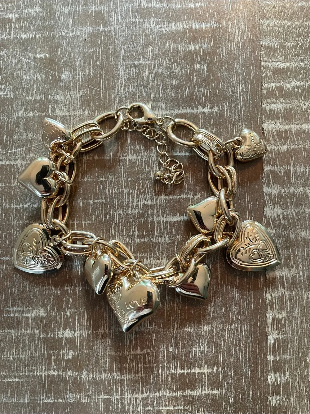 Gold Tone Heart Charm Bracelet, Lightweight